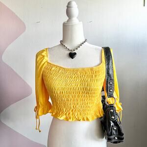 Yellow Smocked Puff Sleeve Top‎ Cottagecore Y2K Milkmaid Romantic Small